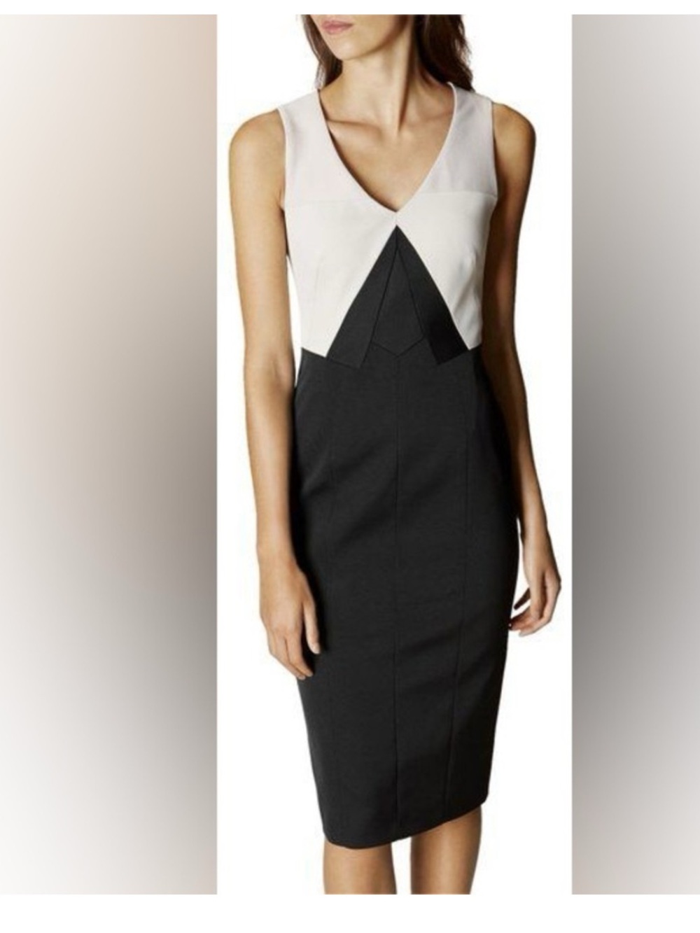 Karen Millen Two-Tone V-Neck Midi Dress in Beige and Black